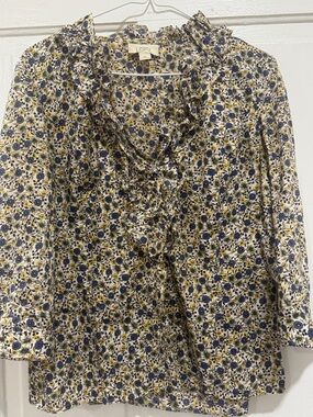 LOFT Navy and Yellow Floral Ruffle V-Neck Blouse